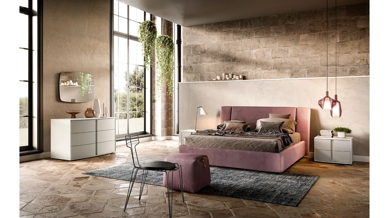 Letto matrimoniale in tessuto imbottito con testiera D01 Vega e Omega di Mercantini