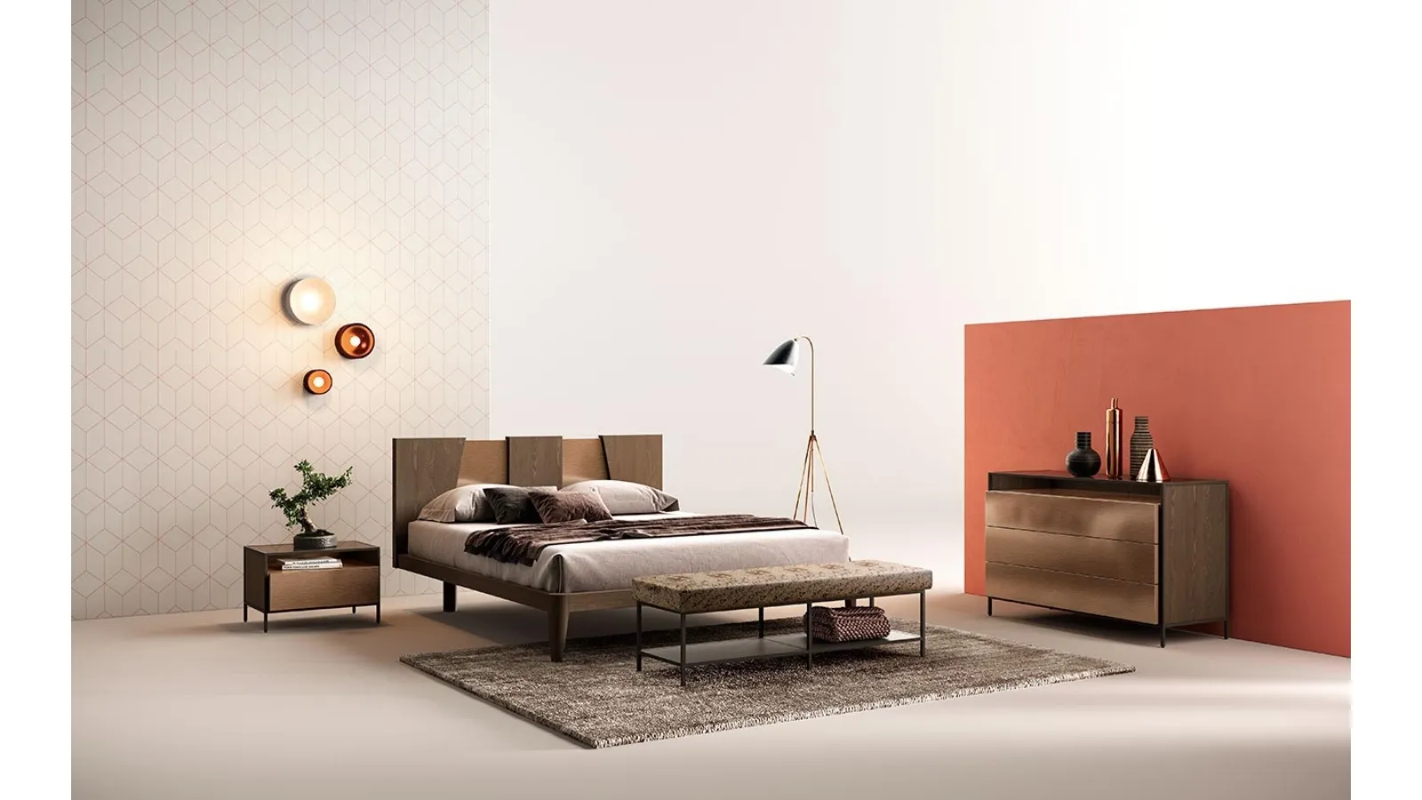 Letto in legno con testieracon inserti in laccato metallizzato F02 Cliff e Beta di Mercantini