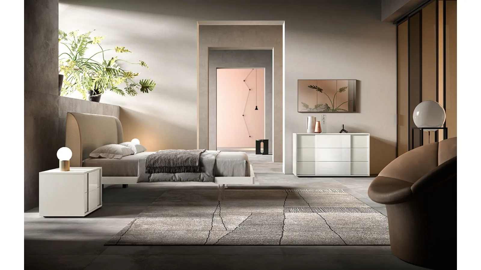 Letto con testiera in tessuto e giroletto in laccato opaco G01 Velvet e Alfa di Mercantini