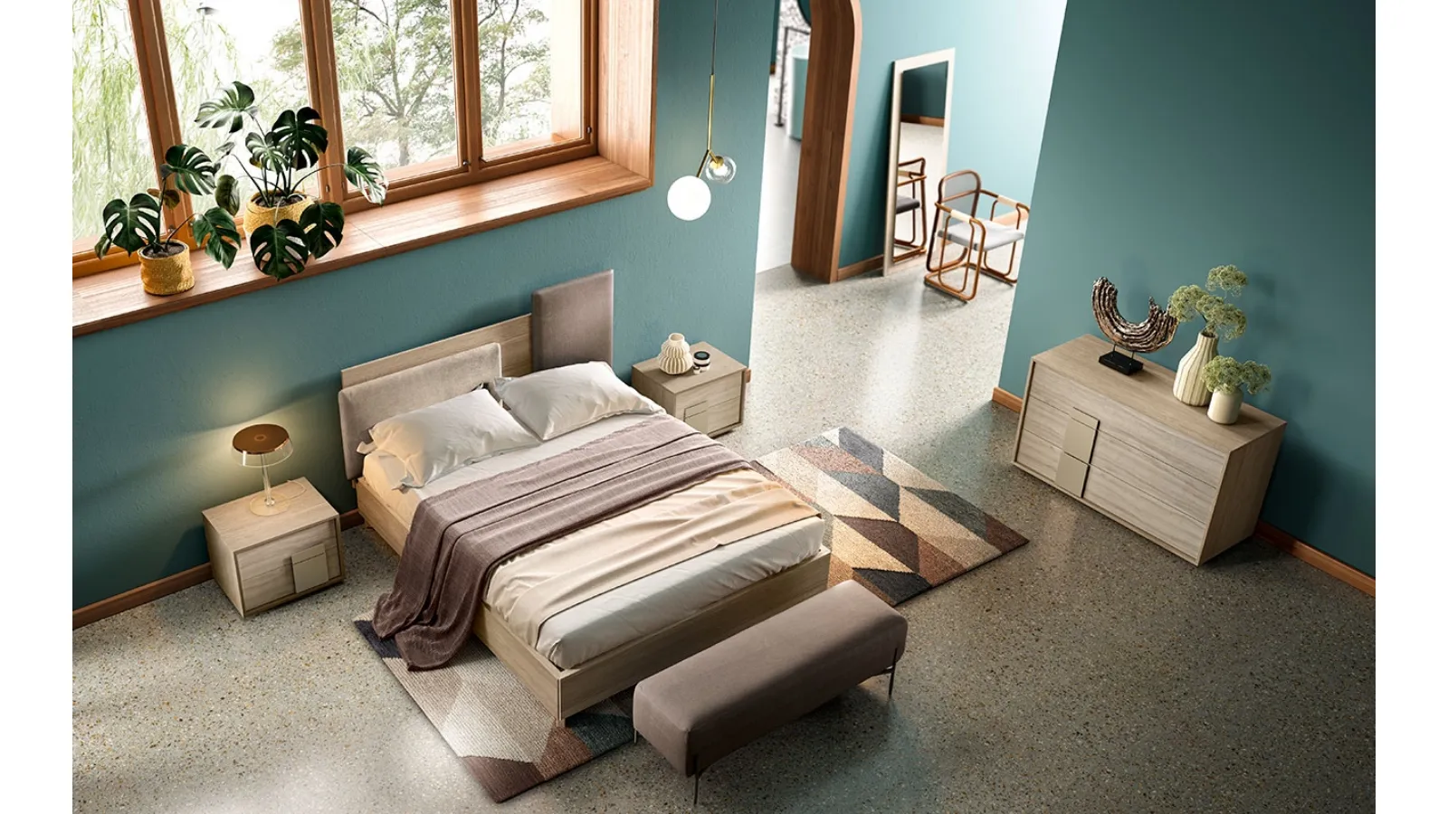 Letto in legno con testiera parzialmente rivestita con due pannelli in tessuto G03 Mondrian Pad e Delta Box di Mercantini
