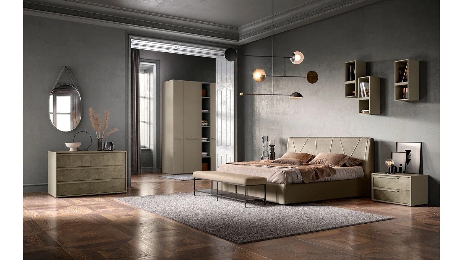 Letto in tessuto imbottito con testiera G06 Lotus e Omega di Mercantini