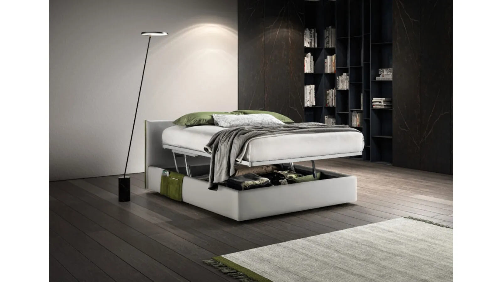 Letto in tessuto imbottito con testiera e box contenitore Good Rim di Bside