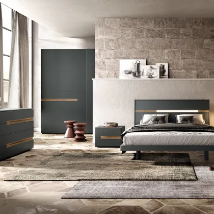 Letto con testiera S01 Run e Alfa in laccato opaco con inserto in legno di Mercantini