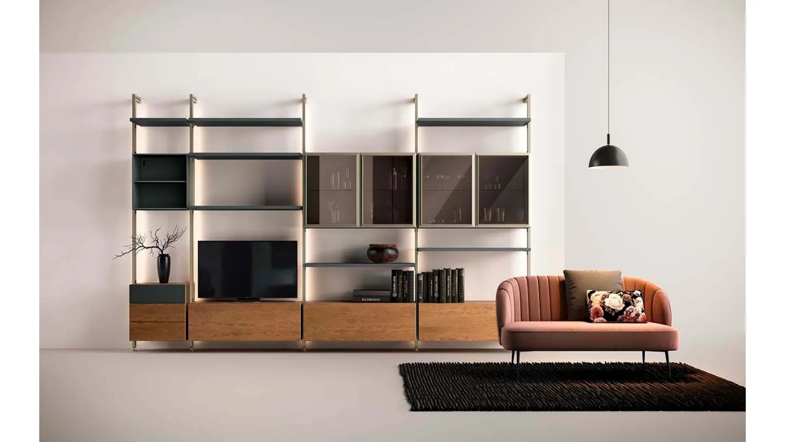 Libreria a muro Kosmos KL218 in legno con ante in vetro di Mercantini