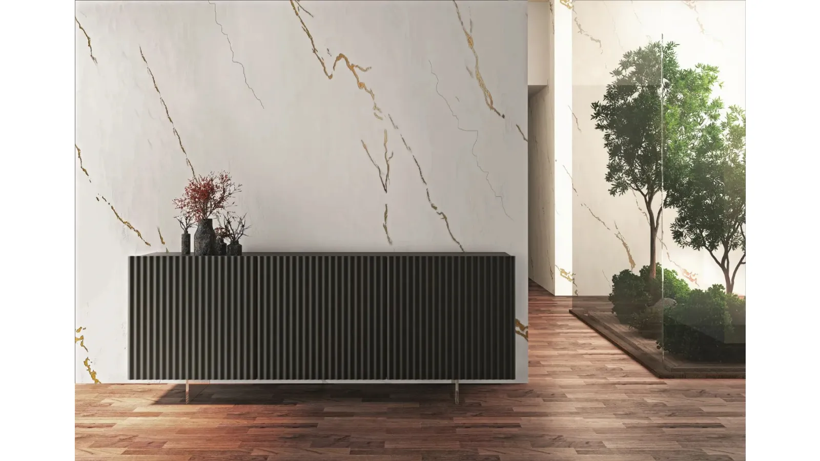 Madia a 3 ante ondulate in laccato opaco ardesia Wave70 di Fratelli Mirandola