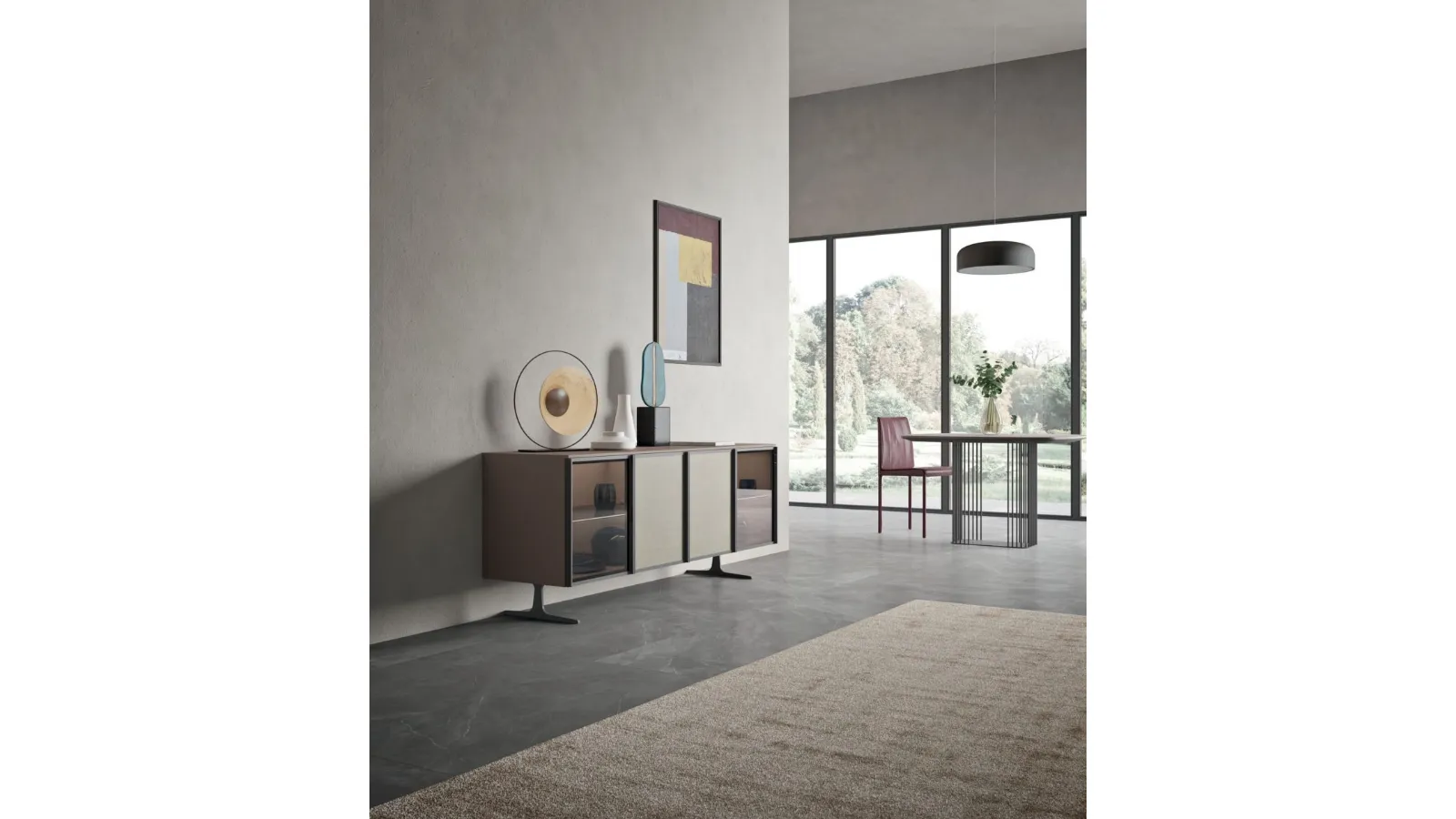 Madia in laccato opaco terra con ante in vetro bronzato e cemento écru Glass 2 di Orme