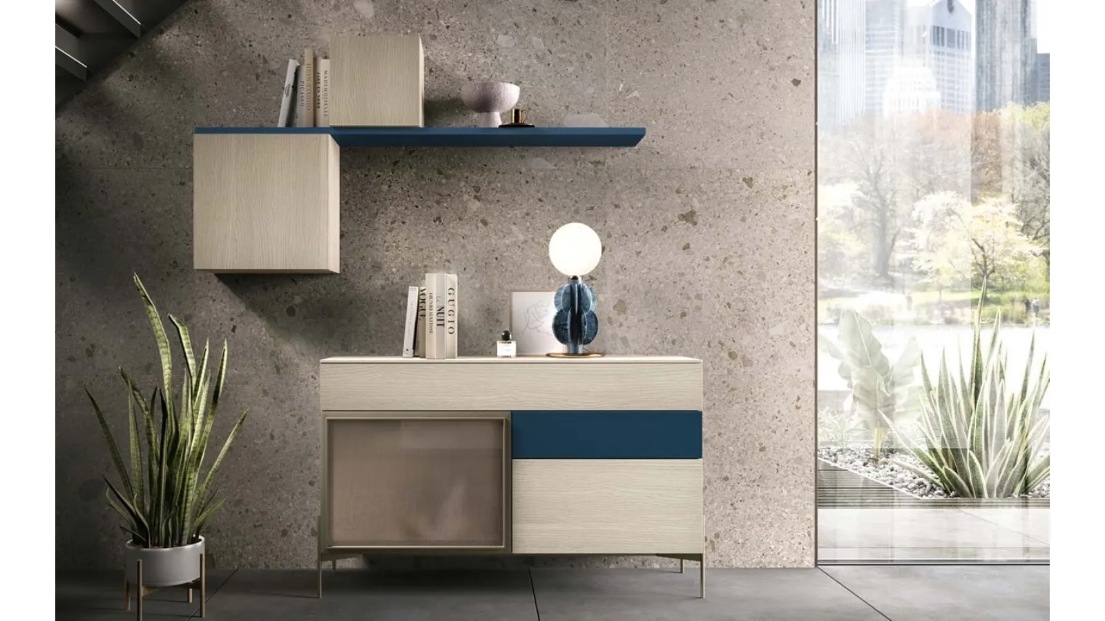 Madia Kosmos KM319 in legno, laccato opaco e vetro di Mercantini
