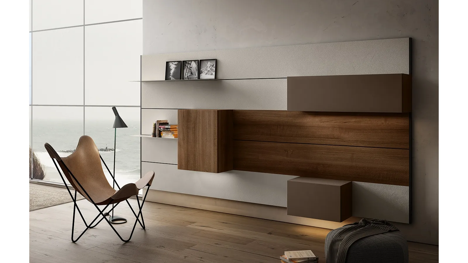 Mobile sospeso Living 01 in Noce e laccato opaco di Arredo3