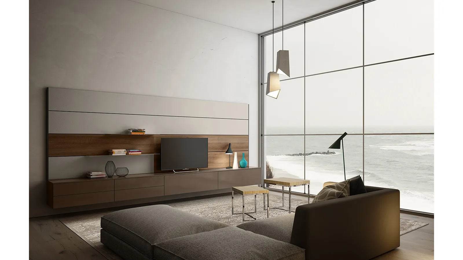Parete Attrezzata sospesa in laccato lucido Living 01 di Arredo3