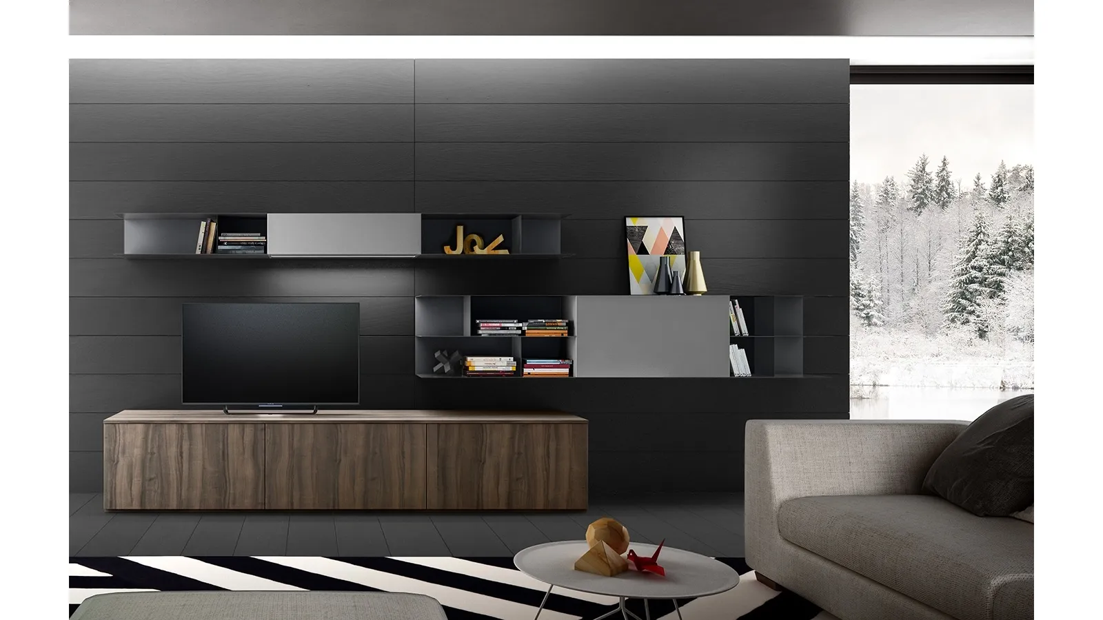 Parete Attrezzata Living 06 in laminato effetto legno e laccato Grigio opaco di Arredo3