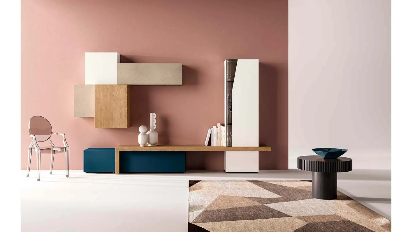 Parete Attrezzata Kosmos KC104 in laccato opaco e legno di Mercantini