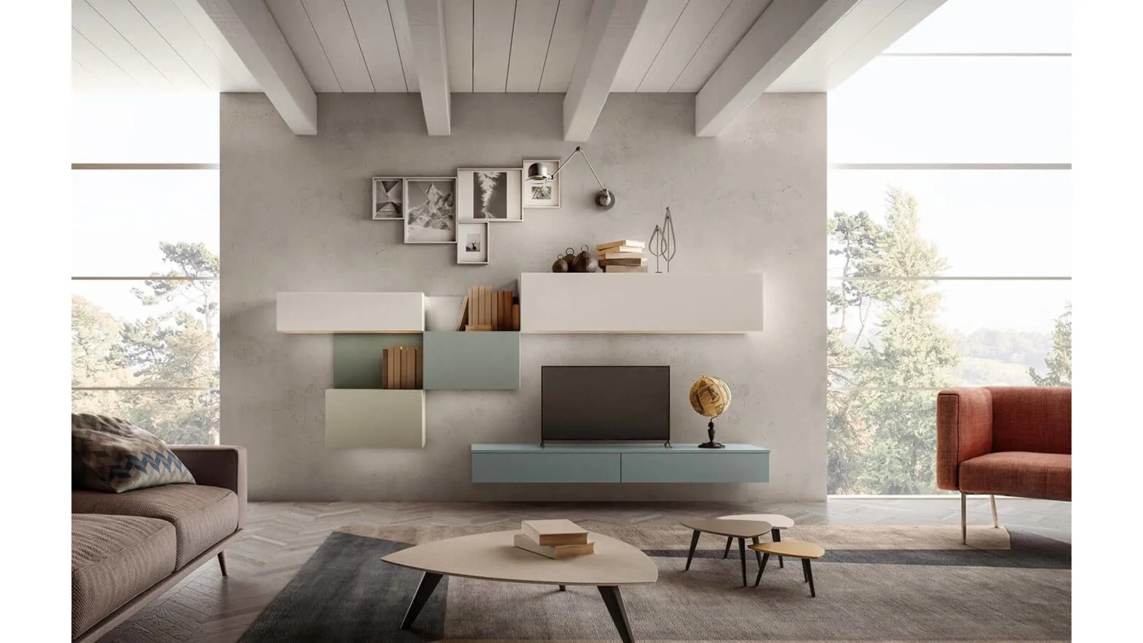 Parete Attrezzata in legno laccato opaco nebbia, verde oliva, verde muschio e carta da zucchero Living 02 di Arredo3