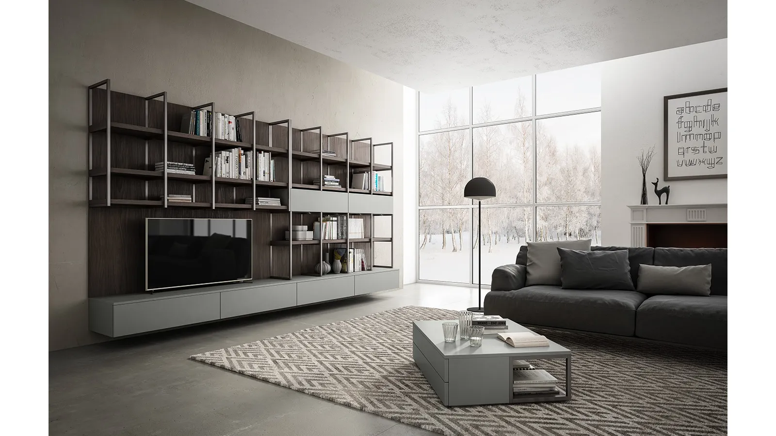 Parete Attrezzata sospesa in laccato opaco grigio e Noce bruno Living 03 di Arredo3