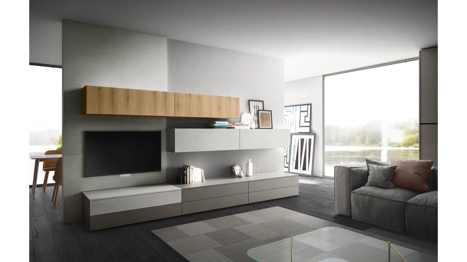Parete Attrezzata Living 11 in laccato opaco e Rovere biondo di Arredo3