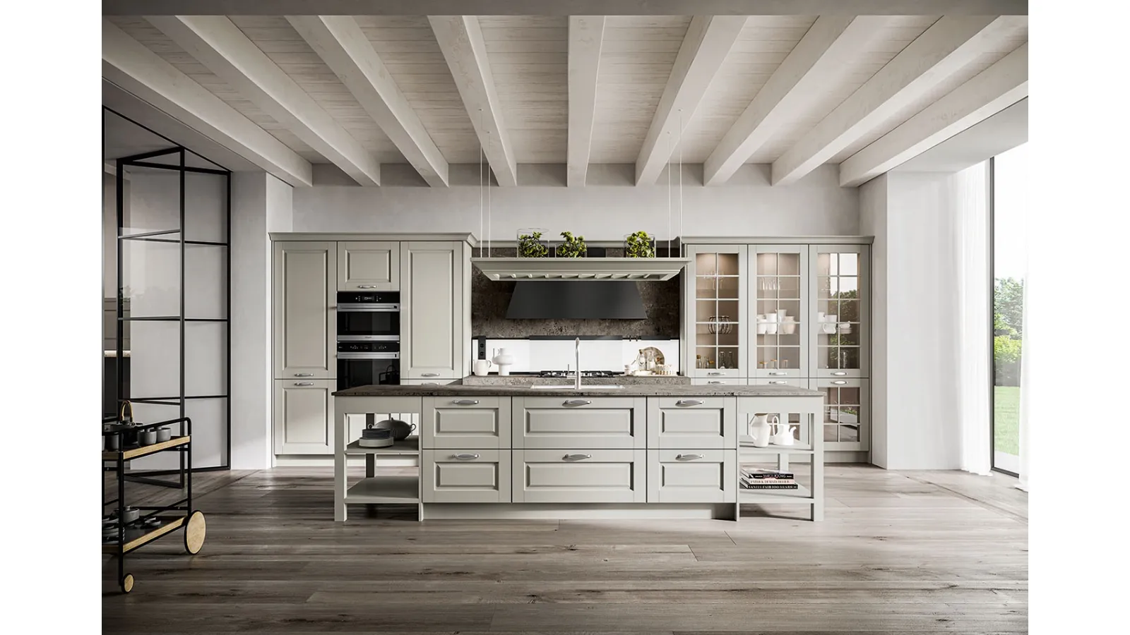 Cucina Classica con isola Asolo in legno di Frassino laccato Cuba a poro aperto e top in HPL di Arredo3