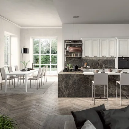 Cucina Classica angolare con penisola in legno di Frassino laccato Bianco a poro aperto e laminato effetto marmo Emma di Arredo3