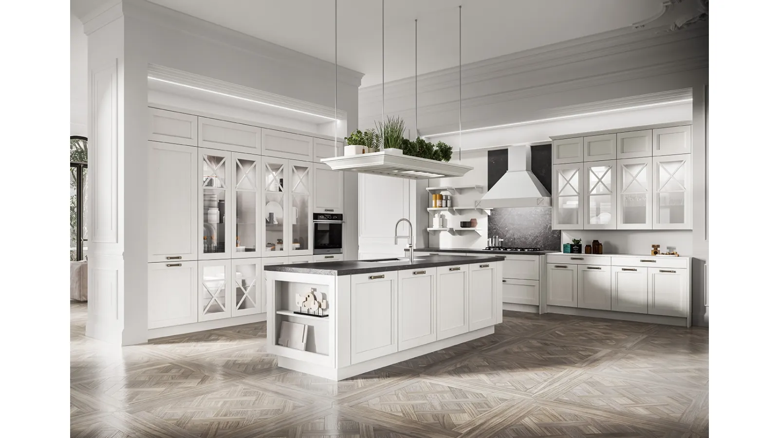 Cucina Classica con isola in legno di Frassino massello laccato Bianco a poro aperto e top in Dekton Fossil Frida classic di Arredo3