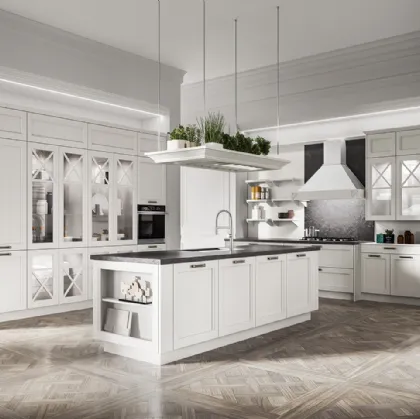 Cucina Classica con isola in legno di Frassino massello laccato Bianco a poro aperto e top in Dekton Fossil Frida classic di Arredo3