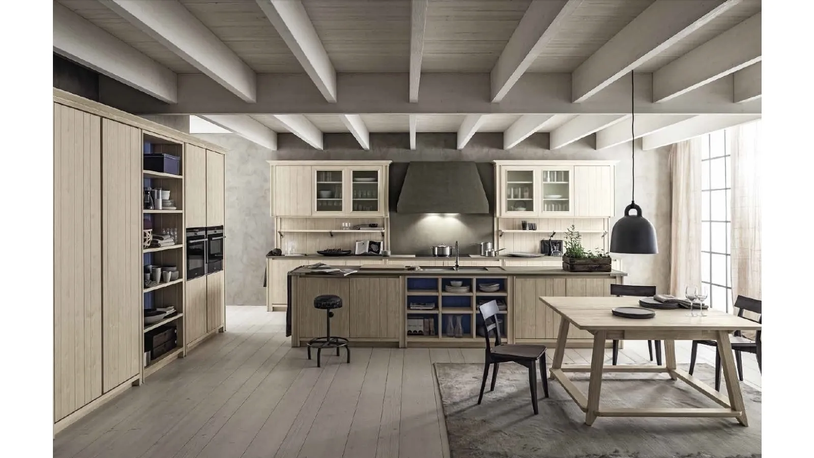 Cucina Classica con isola in legno finitura bianco perla e top in ecocemento finitura fumo Maestrale M01 di Scandola