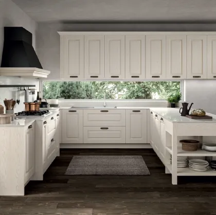 Cucina Classica angolare in Frassino laccato a poro aperto Bianco, tonalità ripresa dal piano di lavoro e dallo schienale in quarzo impero Verona di Arredo3