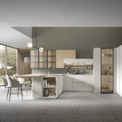 Cucina Moderna angolare con penisola in rovere naturale e finitura bianca Eclettica 02 di Scandola