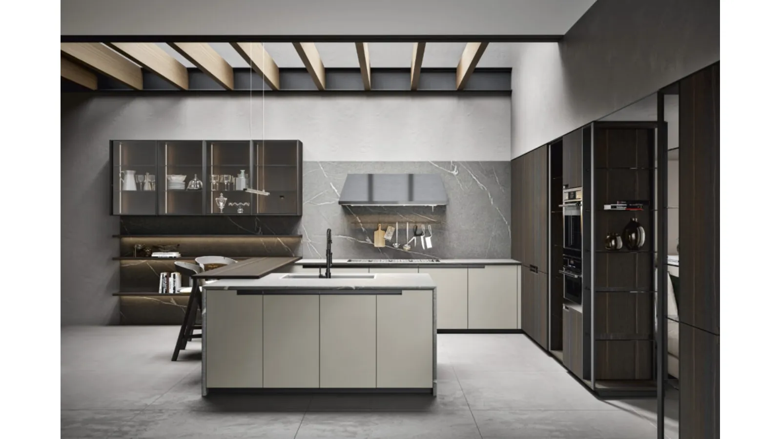 Cucina Moderna angolare in legno di Rovere termocotto e laccato opaco Eclettica 04 di Scandola