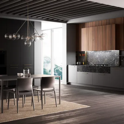 Cucina Moderna Kalì in laccato Lavagna opaco e laminato Noce America con top e schienali in laminato Pietra nera di Arredo3