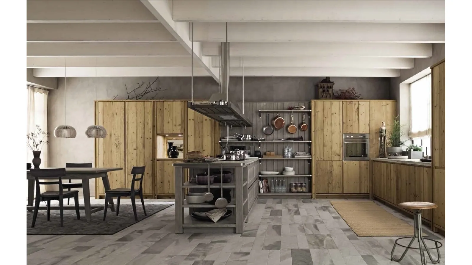 Cucina Moderna con isola in legno vecchio con top in pietra Maestrale M03 di Scandola