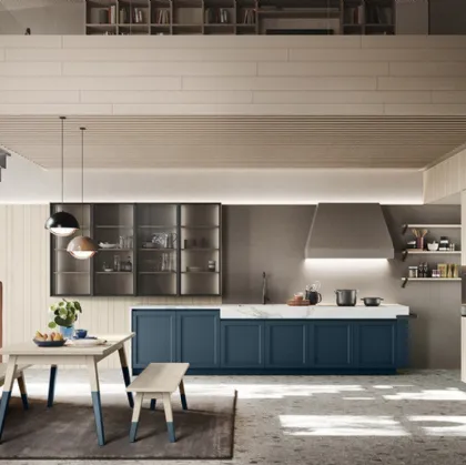 Cucina Moderna lineare in legno finitura Denim con top in HPL Calacatta Maestrale M06 di Scandola