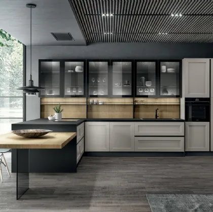 Cucina Moderna angolare con penisola in laccato opaco Nebbia, laminato Rovere biondo, vetro fumè e top in Fenix Nero Meg di Arredo3