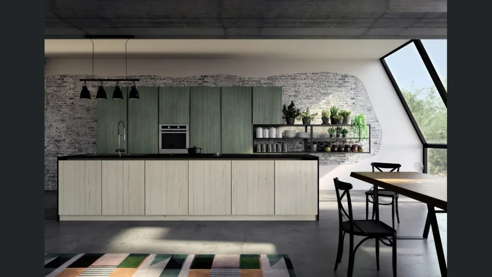 Cucina Moderna lineare New Step 04 con doghe e venature verticali realizzata in abete massello spazzolato a tre strati e laccato opaco liscio di Fratelli Mirandola