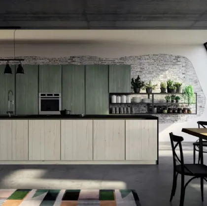 Cucina Moderna lineare New Step 04 con doghe e venature verticali realizzata in abete massello spazzolato a tre strati e laccato opaco liscio di Fratelli Mirandola