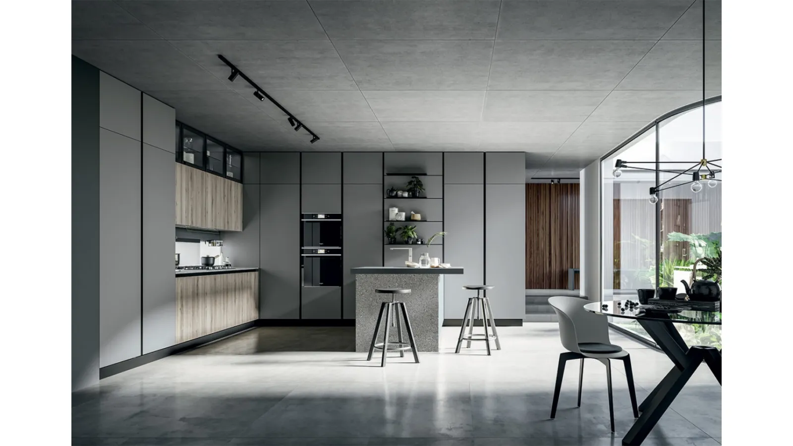 Cucina Moderna Round con Isola in laminato Rovere grano e Pet Selenio Matt di Arredo3