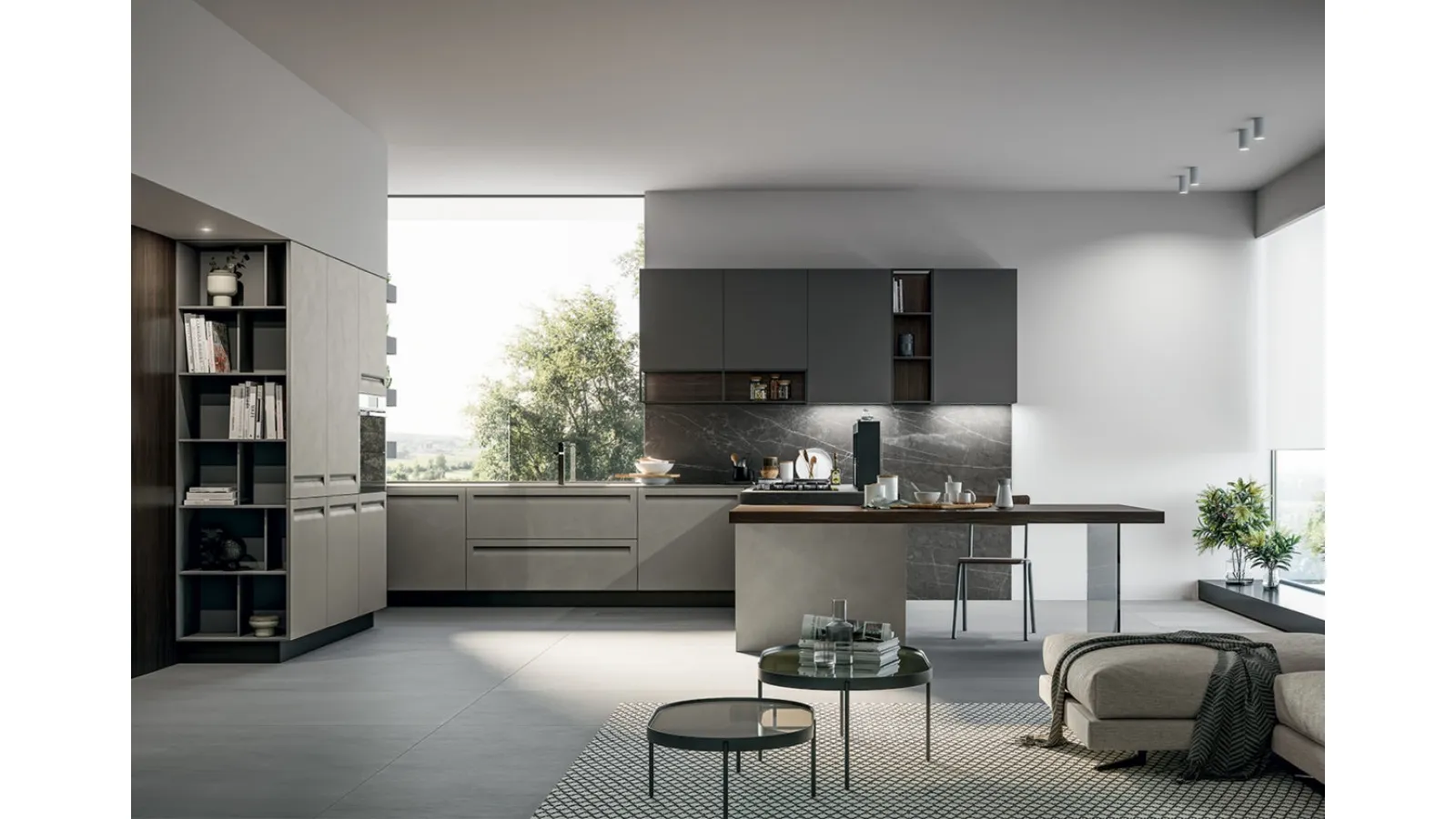 Cucina Moderna angolare in Pet opaco resina polvere, pensili in polimerico opaco lavagna e top in pietra grey con penisola Tekna di Arredo3