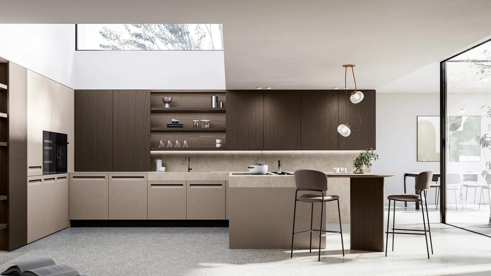 Cucina Moderna in Pet e Impiallacciato noce con penisola Tekna di Arredo3