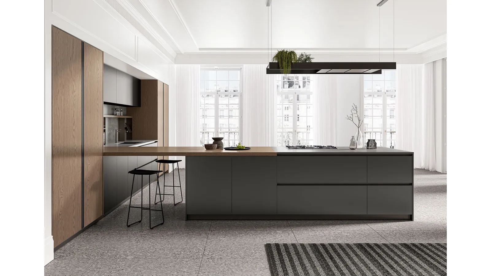 Cucina Moderna angolare in laccato metallizzato ossidato con penisola e colonne in laminato Rovere Safari Time di Arredo3