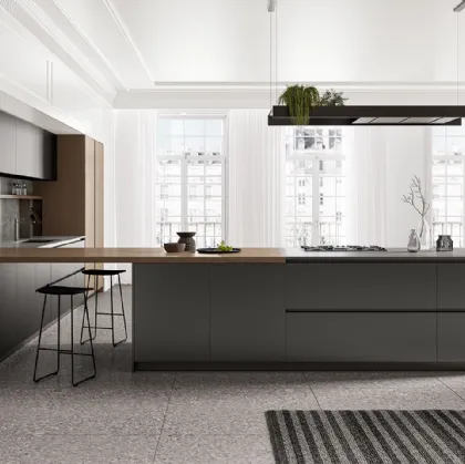 Cucina Moderna angolare in laccato metallizzato ossidato con penisola e colonne in laminato Rovere Safari Time di Arredo3