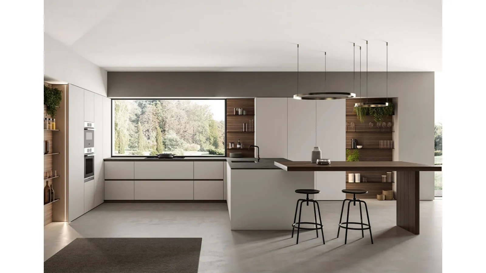 Cucina Moderna angolare laccato opaco Nebbia con penisola in Eucalipto Noce Time di Arredo3