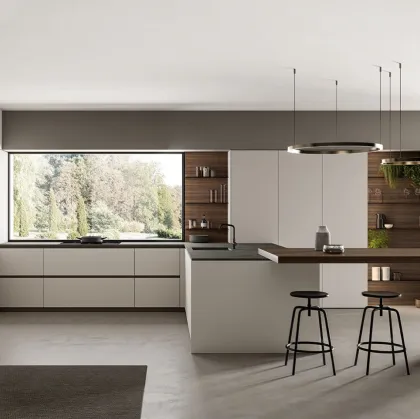 Cucina Moderna angolare laccato opaco Nebbia con penisola in Eucalipto Noce Time di Arredo3