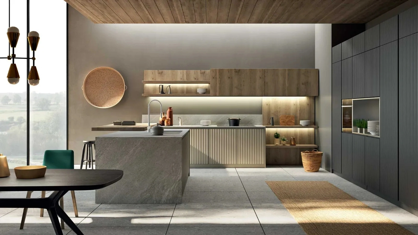 Cucina Moderna con isola Wave 01 in laccato e legno di Fratelli Mirandola