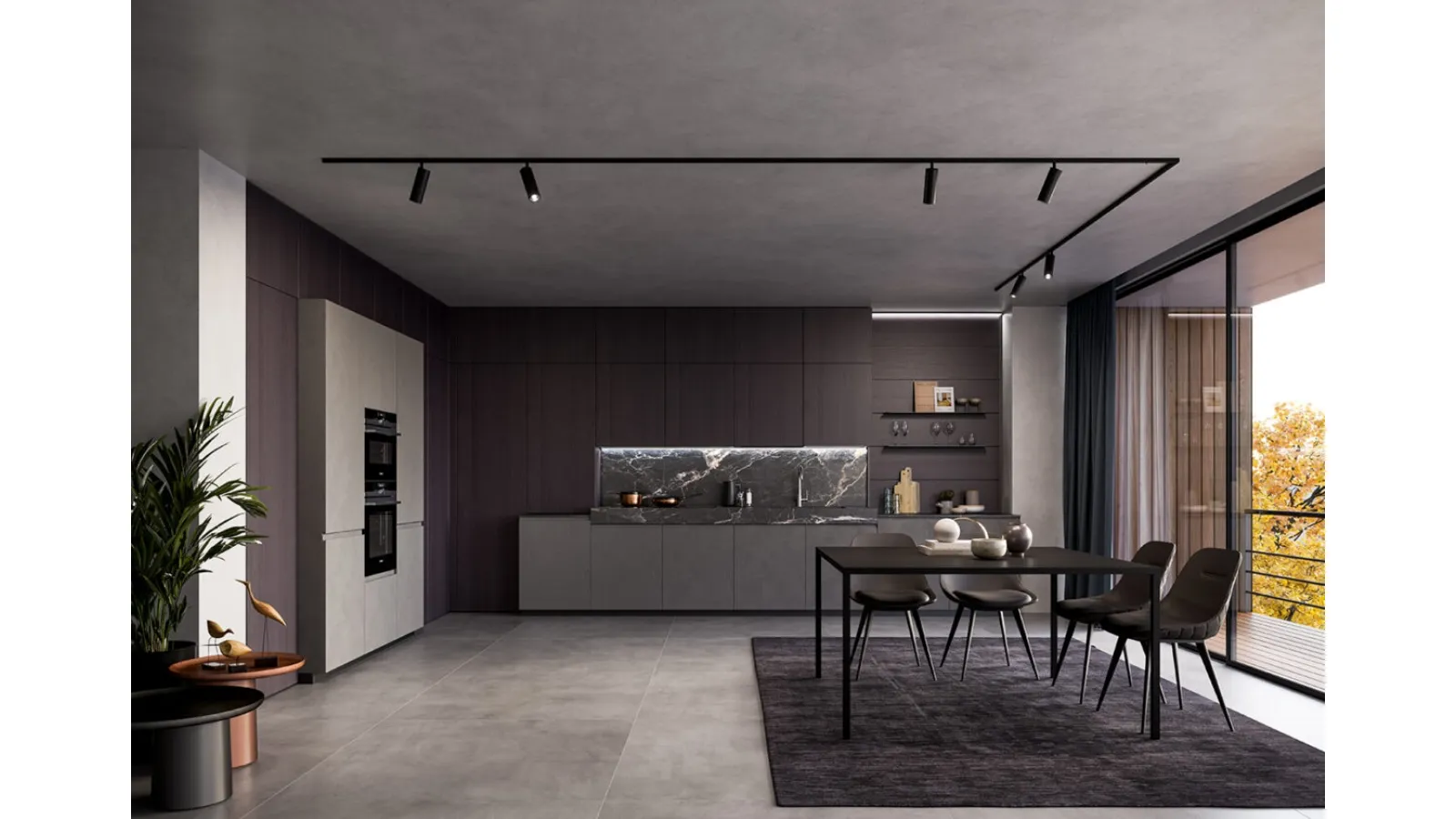 Cucina Moderna lineare in laminato Resina Cromo e impiallacciato Coke con top in ceramica effetto Marmo Nero rigato Wega di Arredo3
