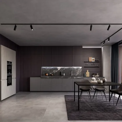 Cucina Moderna lineare in laminato Resina Cromo e impiallacciato Coke con top in ceramica effetto Marmo Nero rigato Wega di Arredo3